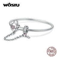 WOSTU 100% 925 Sterling Silver Heart Key Safety Chain Bracelets Pink Zircon Charm Bangle For Women Silver 925 Jewelry CQB143
