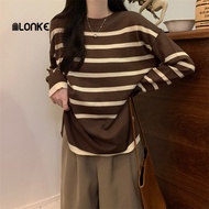 NLONKE Versatile Round Neck Top Women Loose Long Sleeved Bottoming Shirt Contrasting Striped Knitwea