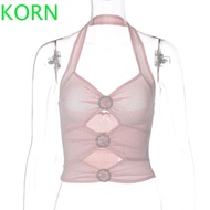 KORN Halter Neck Vest, Splicing Breathable Small Vest, Elegant Sleeveless Halter Bow Neck Tank Top Women