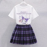 Kuromi ชุดเสื้อยืดแขนสั้น กระโปรงคอสเพลย์ ลายการ์ตูน สีขาว สีดํา สีม่วง 2 สี สําหรับเด็ก