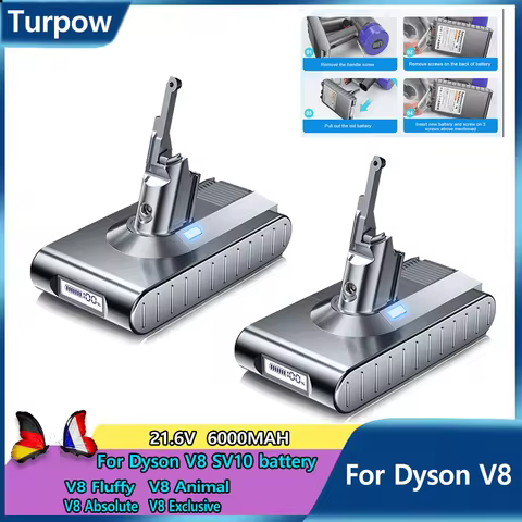 New model 6000mAh For Dyson V8 21.6V Battery Replacement, V8 dyson Vacuum Portable Vacuum Cleaner Ba