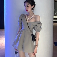 Women's Summer Sexy High Waist Off Shoulder Puff Sleeve Rompers Korean Loose Simple Plain Wide Leg Jumpsuit