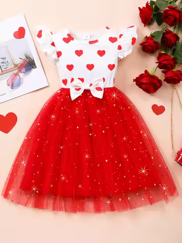 Charming summer dress suitable for young girls - flowing sleeves with heart print and bow details, k