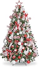WBHome 6FT Decorated Artificial Christmas Tree with Ornaments and Lights, Red White Christmas Decorations Including 6 Feet Full Tree, Ornaments Set, 300 LED Lights