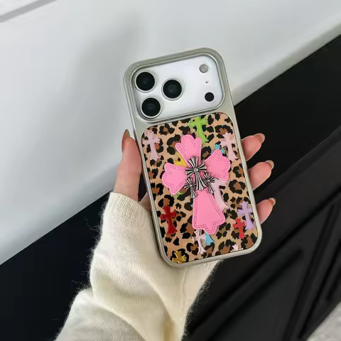 Silver-edged gold-plated leopard print pink Chrome Hearts phone case for Apple iPhone 17 series