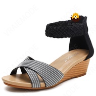 VRAIEMODE Ankle Strap Wedge Sandals Mid-Heel Roman Shoes Peep Toe Bohemian Sandals Non-slip Ladies S