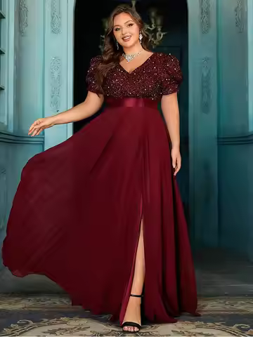 Plus Size V-neck Sequin Puff Sleeve Floor-length Chiffon Evening Dress 4XL 5XL Big Size Burgundy Bri