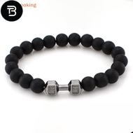 TB [LargeLooking] Volcano Stone Black Frosted Beaded Bracelet With Metal Dumbbell Fitness Bracelet