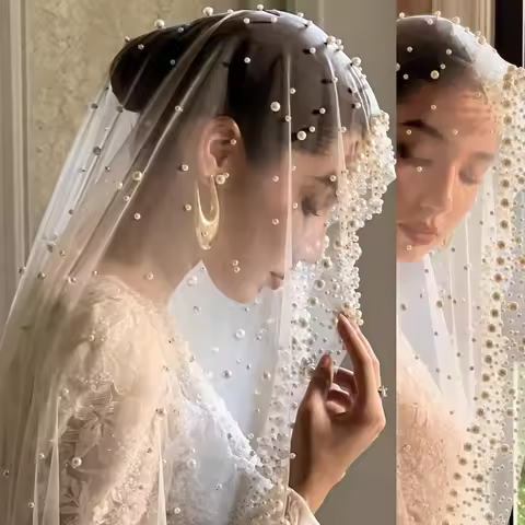 Pearls Wedding Veil Tulle 1T Bridal Veil Elegant Luxurious Beaded Bride Veil Bridal Party Veils With