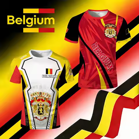 Belgian Flag Print T-shirt Men's Belgium Emblem Graphic Breathable Quick-drying Football Jersey Men'