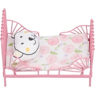Dollhouse Metal Bed Miniature Furniture Bear Decoration for Bedroom Pink (Pink Flower Pattern)