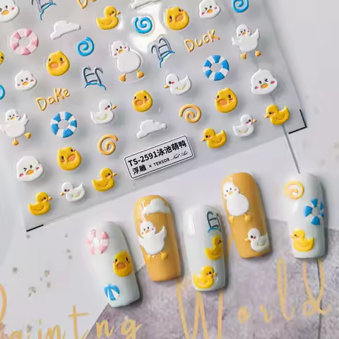Summer Pool Cute Duck Design Cute 5D Soft Embossed Reliefs Self Adhesive Nail Art Stickers Cartoon 3