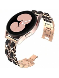 20mm、22mm兩種寬度均適用於三星galaxy Watch 5/4 40mm、44mm以及galaxy Watch 4 Classic 42mm、46mm/galaxy Watch 3 41mm、45mm時尚金屬鏈條配皮革帶錶帶,女性款-玫瑰金黑色