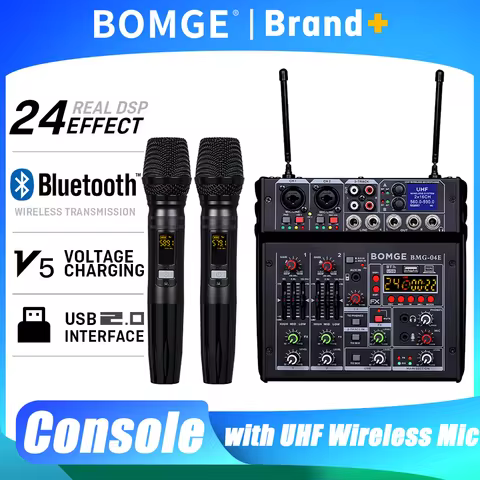 4 Channel Audio Mixer with UHF Wireless Microphone Sound Table Bluetooth Console DJ Mixing for Party