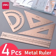 4 PCS Metal Ruler Set Square Ruler Triangle Protractor Metal Ruler Set Measure Draw School Office Su