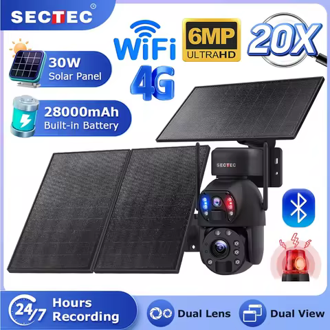 30W Solar Battery 20X 6MP Zoom Red Blue Alarm Floodlight CCTV PTZ Camera Wifi Outdoor Solar Powered