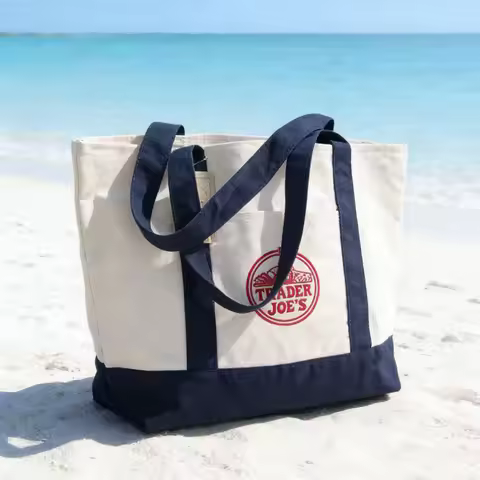 Trader Joe Large Tote Shopping Bag Cotton Canvas Embroidered Bag
