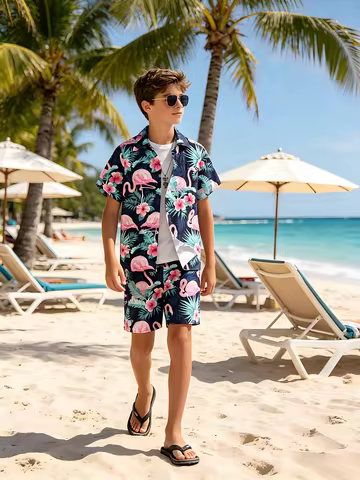 Tween Boys Hawaiian Vacation Style Short Sleeve Shirt And Shorts Set for Outdoor Scene Beach Vacatio