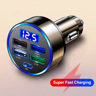 Multi-Port 5-in-1 USB C Car Charger Adapter with Voltage Display for iPhone 17/16, Samsung, Fast Cha