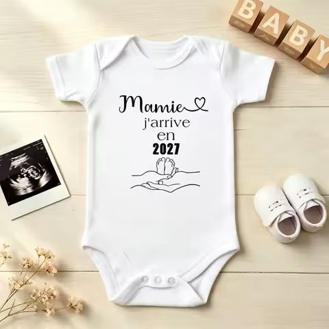 Mamie J'arrive En 2027 Baby Bodysuit French Print Newborn Romper Pregnancy Announcement Baby Reveal 