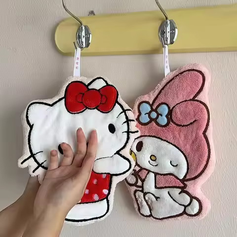 @Cute Cartoon Hand Towel Coral Fleece Absorbent Hanging Towel Kt Cat Melody Pochacco Keroppi Kids Ba