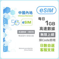 內地【eSIM】每日1GB 日數自選 高速5G/4G 無限上網數據卡電話卡 中國大陸數據eSIM (2/3/4/5/7/10/15日)