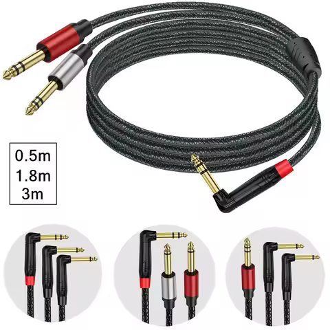 Gold Plated 6.35mm 14 Male TRS Stereo To Dual 2 X 6.35mm Male TS Mono 90 Degree Right Angle Y Splitt