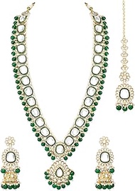 Kundan Studded Long Necklace Earrings and Maangtikka Set Ethnic Traditional Bharatanatyam jewellery 