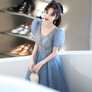 Korean Blue Bridesmaid Dress Elegan Gown Civil Wedding Evening Dinner Dresses 27