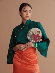 (JUN) Qipao Shirt เสื้อกี่เพ้าคอจีน เสื้อตรุษจีนผู้หญิง สีเขียว