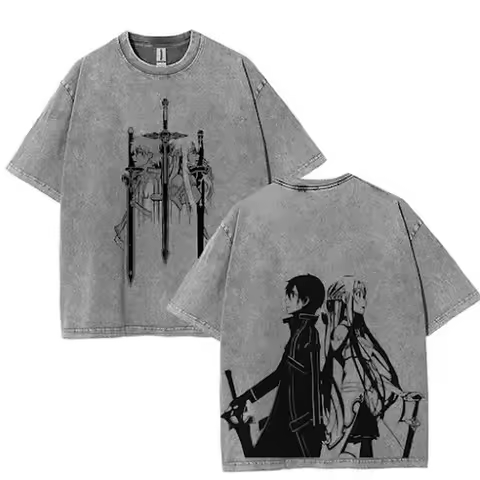 Sword Art Online Kirigaya Kazuto T-shirt Yuuki Asuna Anime Washed T Shirt Men's Clothing Summer High