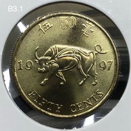 B6.1/B3.1香港伍毫 1997年【普通裝--全新未使用/有瑕疵B3.1】【回歸紀念版 金牛五毫】 香港舊版錢幣・紀念幣 $15 (B3.1)