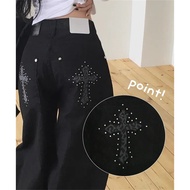 [Tenice AA293] Korean Style Street Niche Cross Print Retro Washed Rivets Handsome Straight Jeans Den