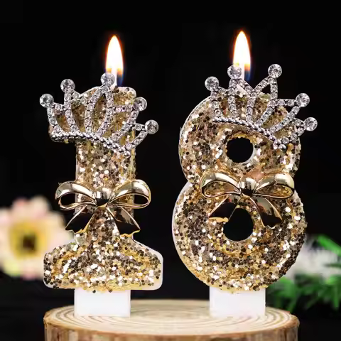 0-9 Gold Glitter Crown Number Birthday Candles, Rhinestone Bow Cake Topper for 18th Birthday, Party,