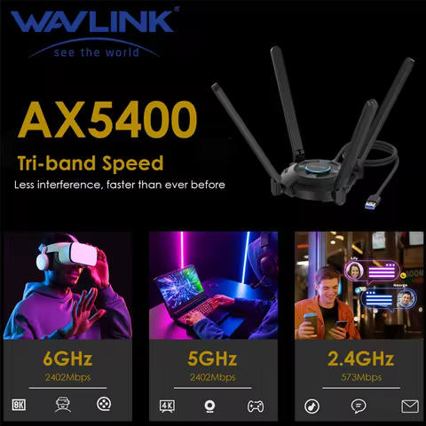 WAVLINK USB WiFi Adapter for PC AX5400 Tri-band 2.4/5/6GHz Wireless Network Adapter with 4 High Gain
