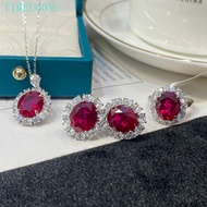 6CT Oval Lab Grown Ruby Pendant Necklace Earrings Ring Set 925 Sterling Silver Jewelry Gift