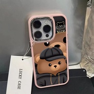 Cute Bear Pattern Phone Case Compatible for IPhone 15 13 11 14 12 Pro  7 8 Plus IPhone SE 2020 X XS MAX Fashion Metal Lens Protector Shockproof Casing