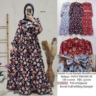 Gamis Jumbo Kerah rampel Sleting corak bertaburan bunga-bunga lengan karet bisa wudhu ld 110-120cm