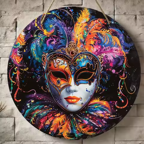 2D Flat, 1pc, 2D Flat Print Round Wooden Sign Decorative Plaque with Carnival Mask Theme, Suitable f
