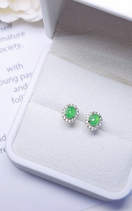 |甜陽綠|A貨翡翠冰玻陽綠飄花起螢光蛋面5mm純銀簡約耳環