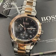 BOSS伯斯精品錶,編號：HB1513584,42mm圓形玫瑰金精鋼錶殼黑色錶盤精鋼金銀相間錶帶
