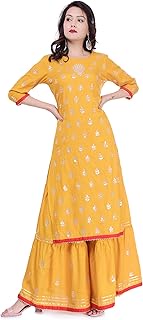 Women's Rayon Kurti Hand Work Gotta Patti Palazzo Set, Yellow, 3X-Large, Yellow, 3X-Large, Yellow, 3