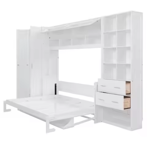 Murphy Bed - Queen Size Wall Bed w/ Closet, Drawers & Shelves, White Finish