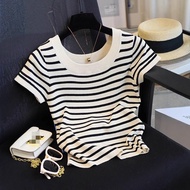 Ice Silk Striped Design Short-Sleeved Short-Sleeved Plus Size t-Shirt Women Square Collar Knitted Bo
