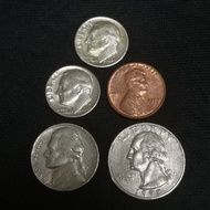 USA Coins Mixed Lot 5pcs - 1 Cent, 5 Cents, 10 Cents, 25 Cents Old American Coins #932