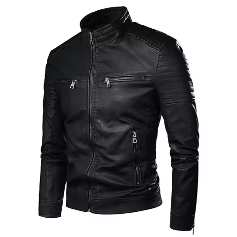Men's Leather Jacket Fashionable Slim Fit Stand Up Collar Men's Leather Jacket Motorcycle Jacket PU 