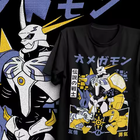 2026 Digimon Omegamon Agumon Gabumon Evolution Anime T-Shirt Oversized White Streetwear Cotton Tee f
