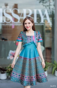 Kety Smile ชุดเดรสผ้าทอ คอเหลี่ยม กระโปรงบาน 8 ชิ้น อัดกาวทั้งชุด ทุกชิ้น ซิปซ่อนด้านหลัง (S-2XL) N6