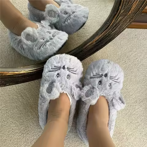 Home Fuzzy Slipper Women Winter Fur Warm Plush Non Slip Grip Indoor Fluffy Lazy Female Mouse Ears Fl