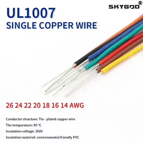 2~20M UL1007 Single Core Copper Wire 26 24 22 20 18 16 14 AWG PVC Insulation Solid Tinned Plating Li